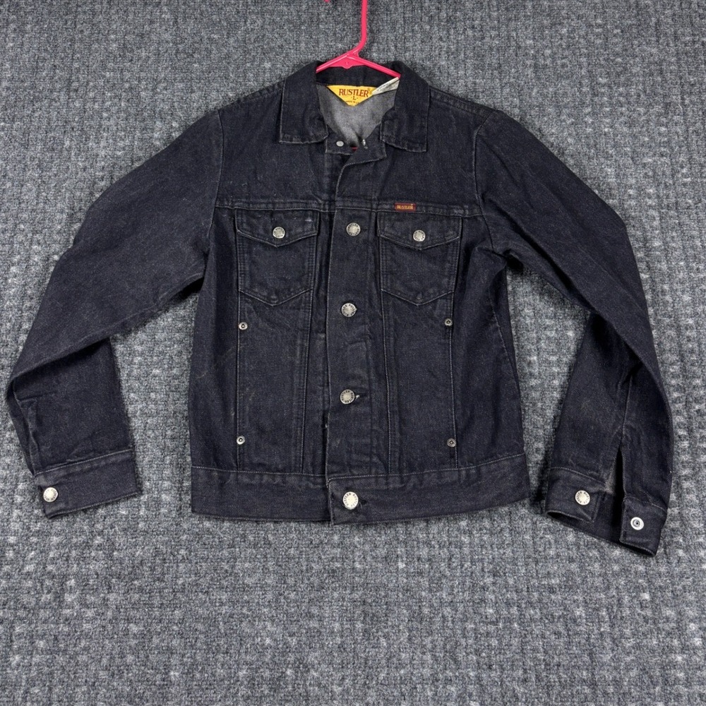 Vintage Rustler Denim Trucker Jacket 14oz Cotton Youth Large Black Made In USA